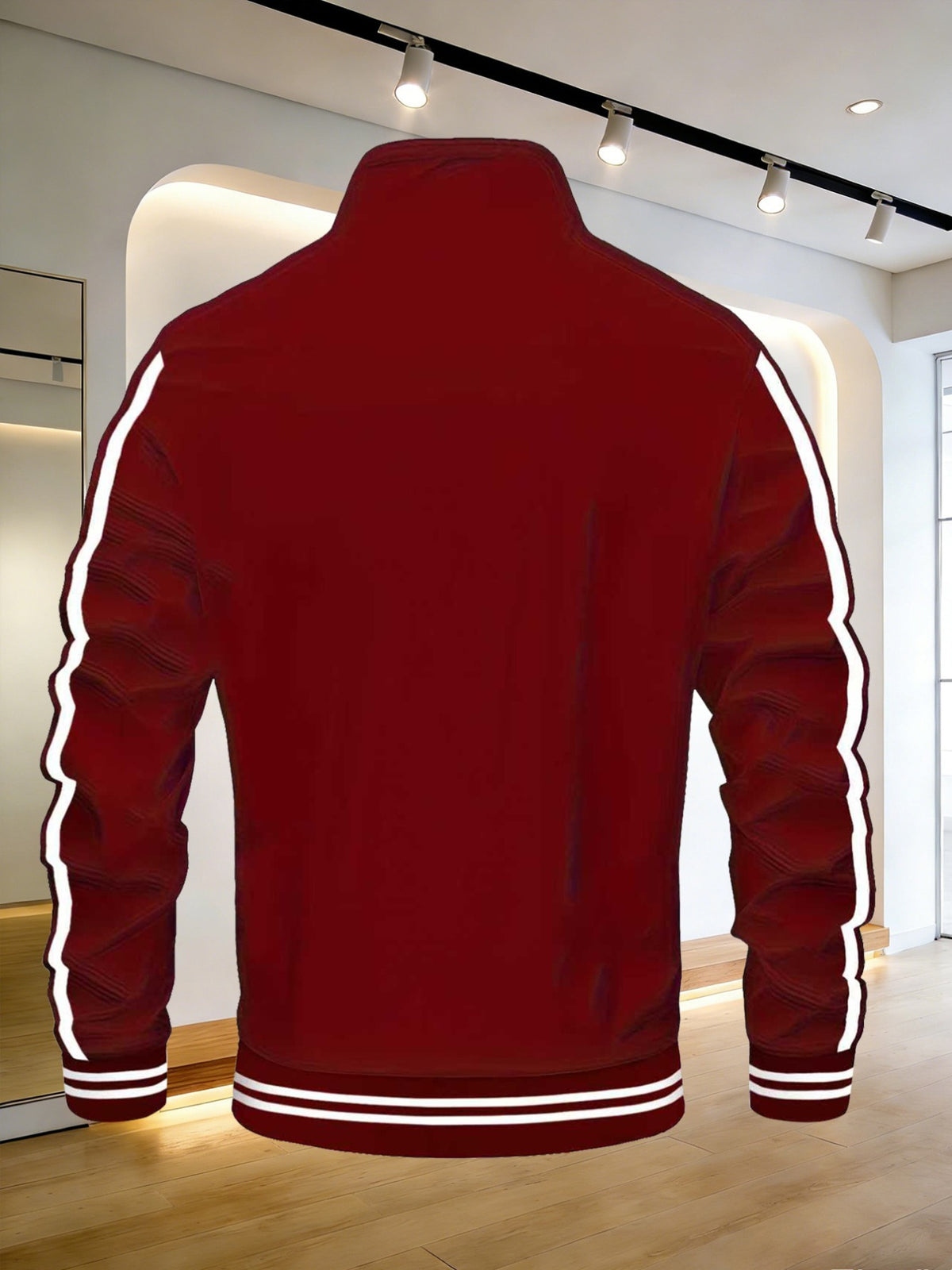 Men's Spring/Autumn Stand Collar Baseball Jacket with "BLACK" Lettering and Diamond Pattern Print, Zipper Front with Contrast Stripes, Lightweight Casual Windproof Sports Jacket - Burgundy