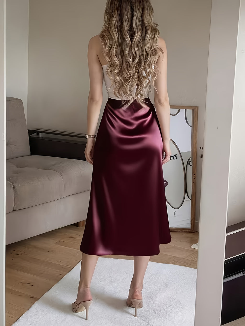 Spring/Summer New Satin Chiffon Multi-Button Women's Skirt - Burgundy
