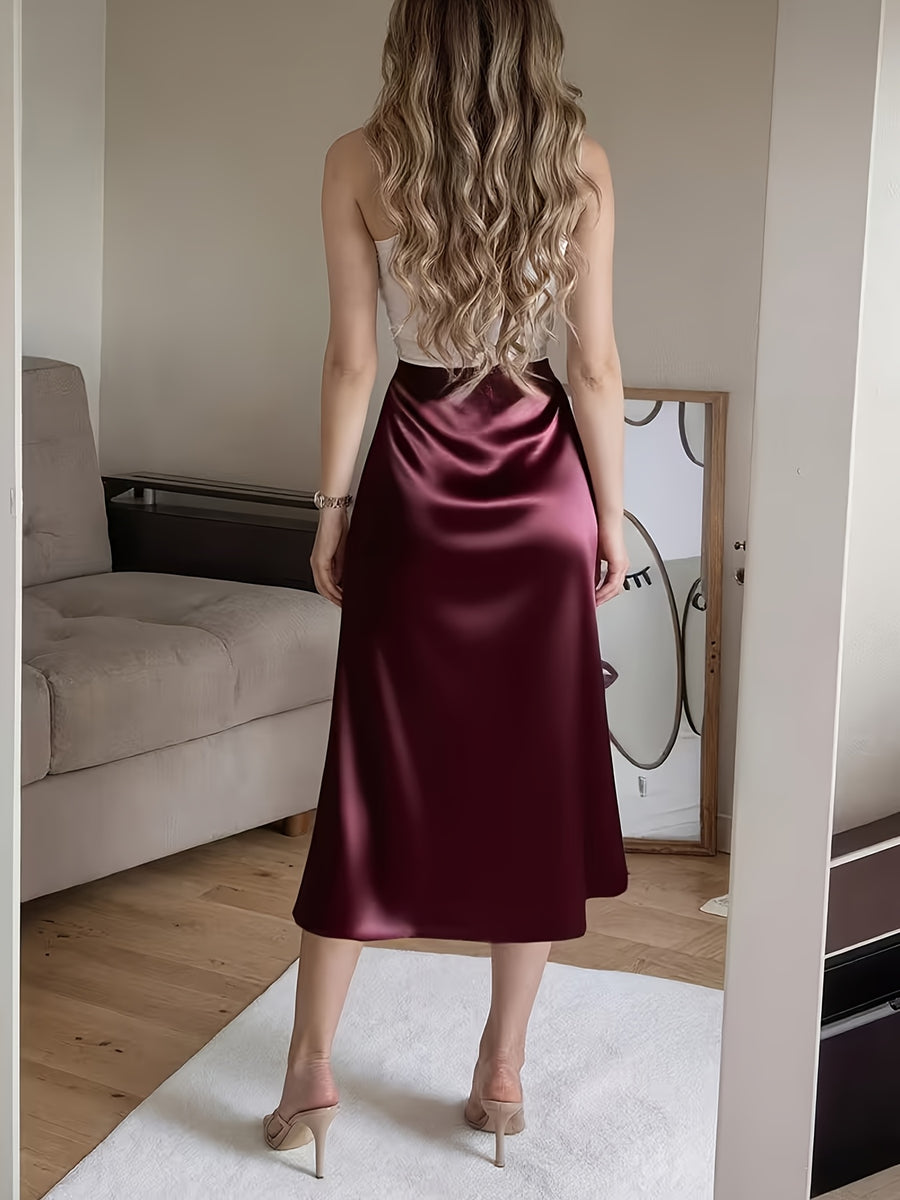 Spring/Summer New Satin Chiffon Multi-Button Women's Skirt - Burgundy