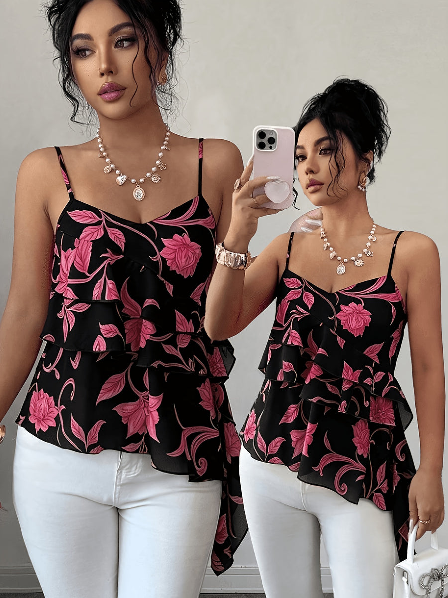 2026 Summer New Pink Floral Ruffled Camisole Women'S Summer Irregular Hem Body-Shaping Thin Chiffon Top Hot Top - Black