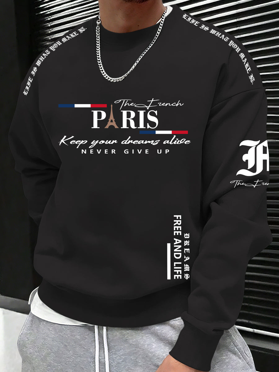 Men's Casual Streetwear Sweatshirt with Black and Red Striped Letter Print - Black