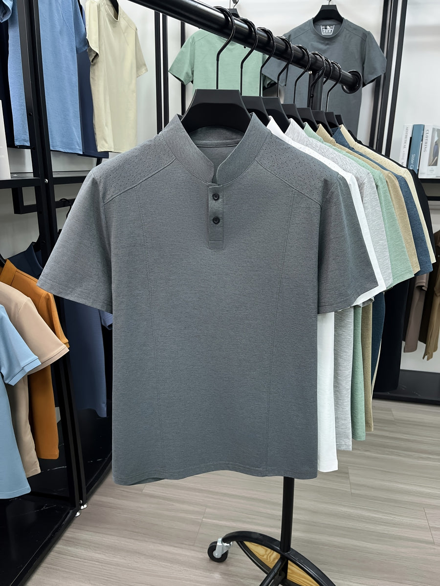 Men's New Summer Casual Stand Collar T-Shirt, Simple and Stylish Thin Breathable Versatile Short Sleeve Tee - Grey