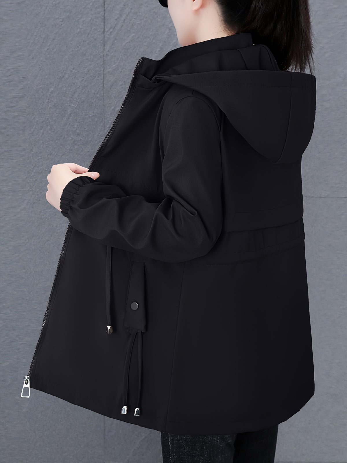 Women'S Fall Winter Fleece-Lined Thick Trench Coat, Warm Top Outerwear for Autumn Winter Season, Drawstring Waist Design, Elastic Windproof Cuffs, Easy Comfortable Lightweight Coat - Black