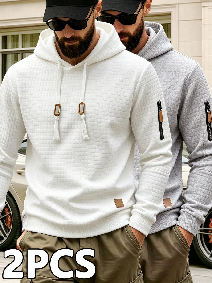 2pcs Men'S Checkered Hooded Sweatshirts, Long Sleeve Pullover Tops, Regular Fit Knit Fabric, with Zippered Pockets, Soft Stretch Knit Sweater, Lightweight Casual, Suitable for Spring Fall Travel Streetwear - Navy Blue+Light Grey