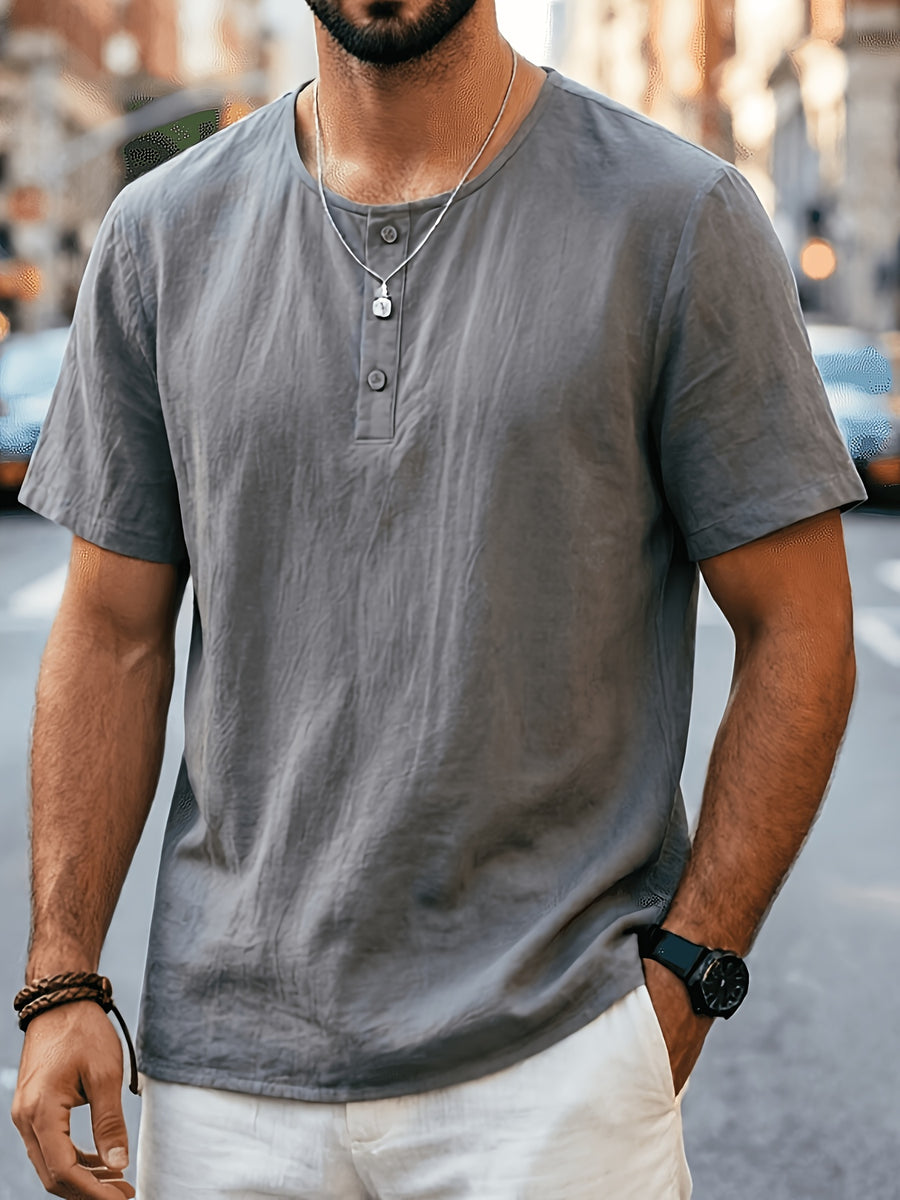 Men'S Summer -Linen Half-Zip Short Sleeve T-Shirt - Breathable Crew Neck Casual Top - Dark Gray