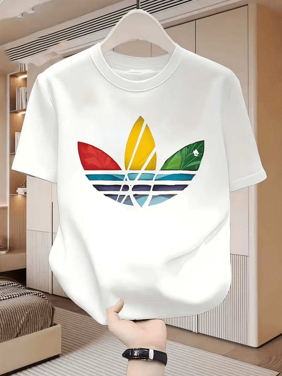 Men'S T-Shirt with Colorful Leaf Stripes Pattern Design Men'S Original Summer Casual Short Sleeve T-Shirt - White