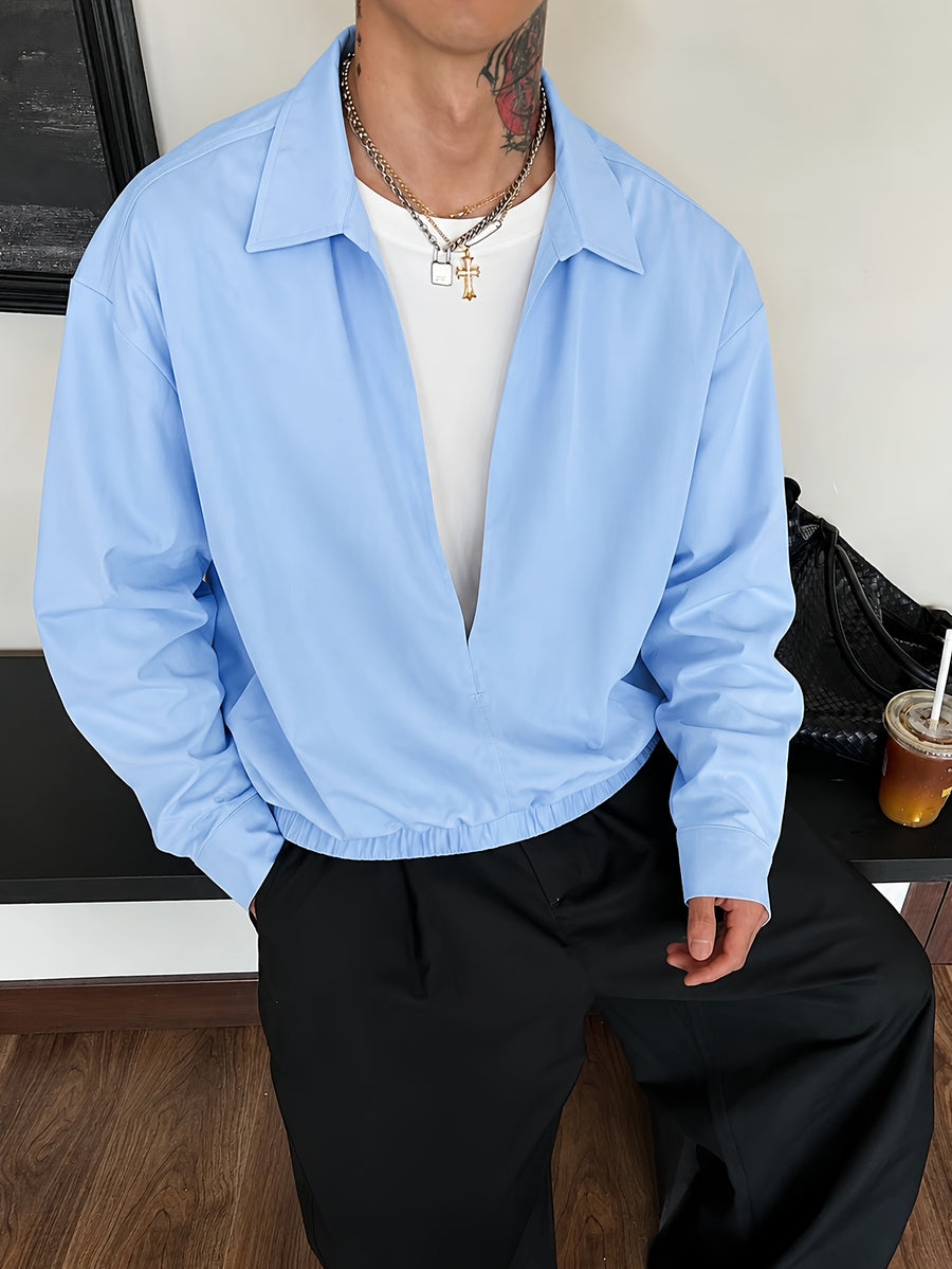 Men'S V-Neck Faux Two-Piece Open Front Long Sleeve Shirt Jacket with Elastic Cinch Hem, Premium Casual Commuter Shirt, Everyday Relaxed All-Match Pullover - Sky Blue