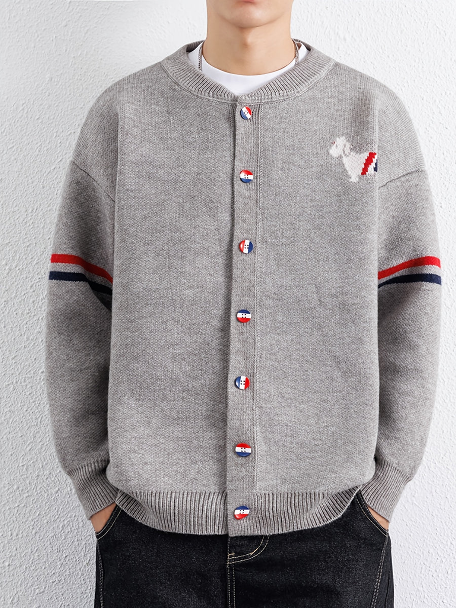 Du Jing Lan OBM 1pc Autumn/Winter New Arrival Men's Knitted Cardigan, Old Money Style Textured Contrast Color Crew Neck Single-Breasted Open Front Long Sleeve Knitted Cardigan Base Layer Top, Men's Casual Fashion, Suitable for Autumn and Winter Wear - Grey