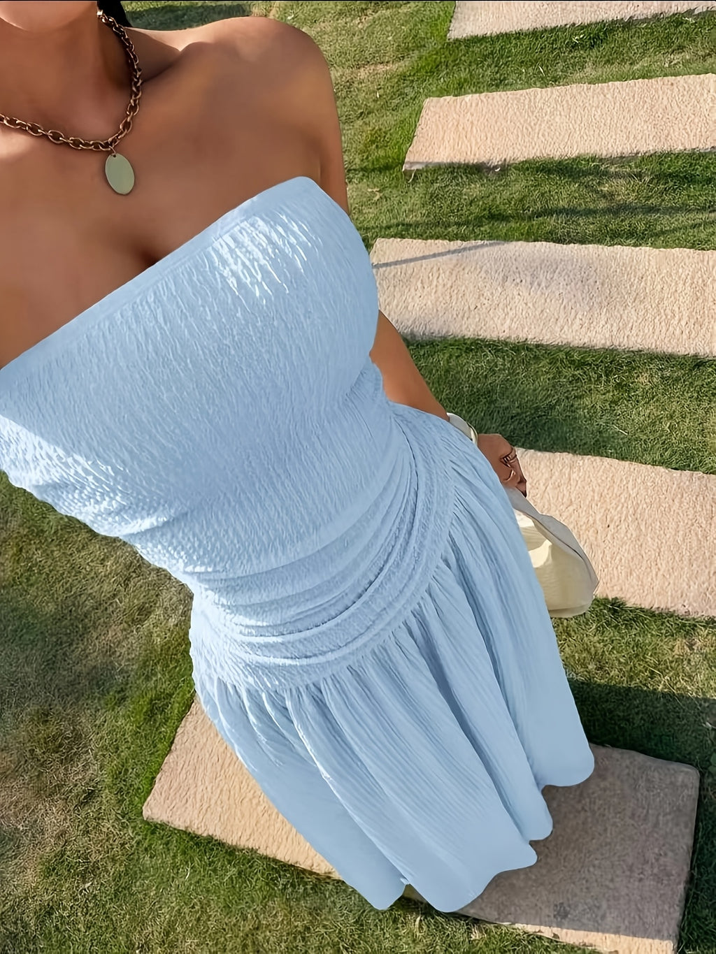Temperament Off-Shoulder Dress, Casual Outing And Date Seaside Vacation Style Long Dress - Light Blue