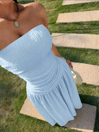 Temperament Off-Shoulder Dress, Casual Outing And Date Seaside Vacation Style Long Dress - Light Blue