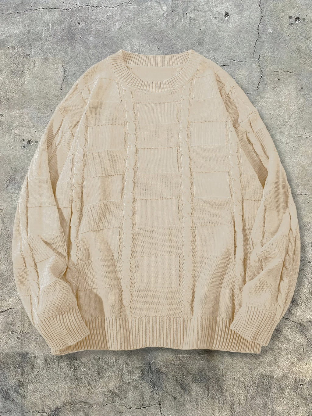 Autumn Winter Men'S New Casual Loose Easy Checkered Twisted Rope Pattern Vintage American Commute All-Match Knit Long Sleeve Round Neck Pullover Top - Apricot