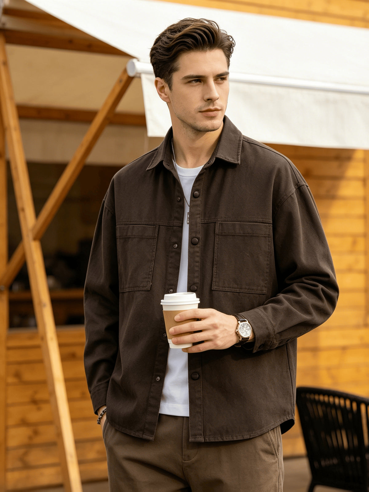 Men'S Cargo Long Sleeve Shirt, Pure Casual Blouse Loose Multi-Pocket Design Breathable Durable Fabric Street Outing Light Outdoor Camping Versatile Casual Top - Coffee