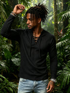 3pcs Men's Vintage Ribbed Knit Henley Long Sleeve Shirt - V-Neck Tie-Back Design, Slim Fit for a Slimming Look, American Tough Guy Style Raglan Sleeve T-Shirt, Versatile Base Layer for Autumn/Winter Fitness, Sports, and Streetwear - Gray+black+green