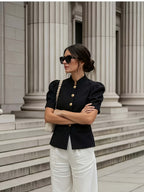 Fashionable and Elegant Women's Solid-color Stand-up Collar Princess-style Short-sleeve Jacket with Faux Pockets, Open Front, Single-breasted, and Casual Suit Jacket, Suitable for Commuting, Vacation, Business, and Daily Casual Wear - Black