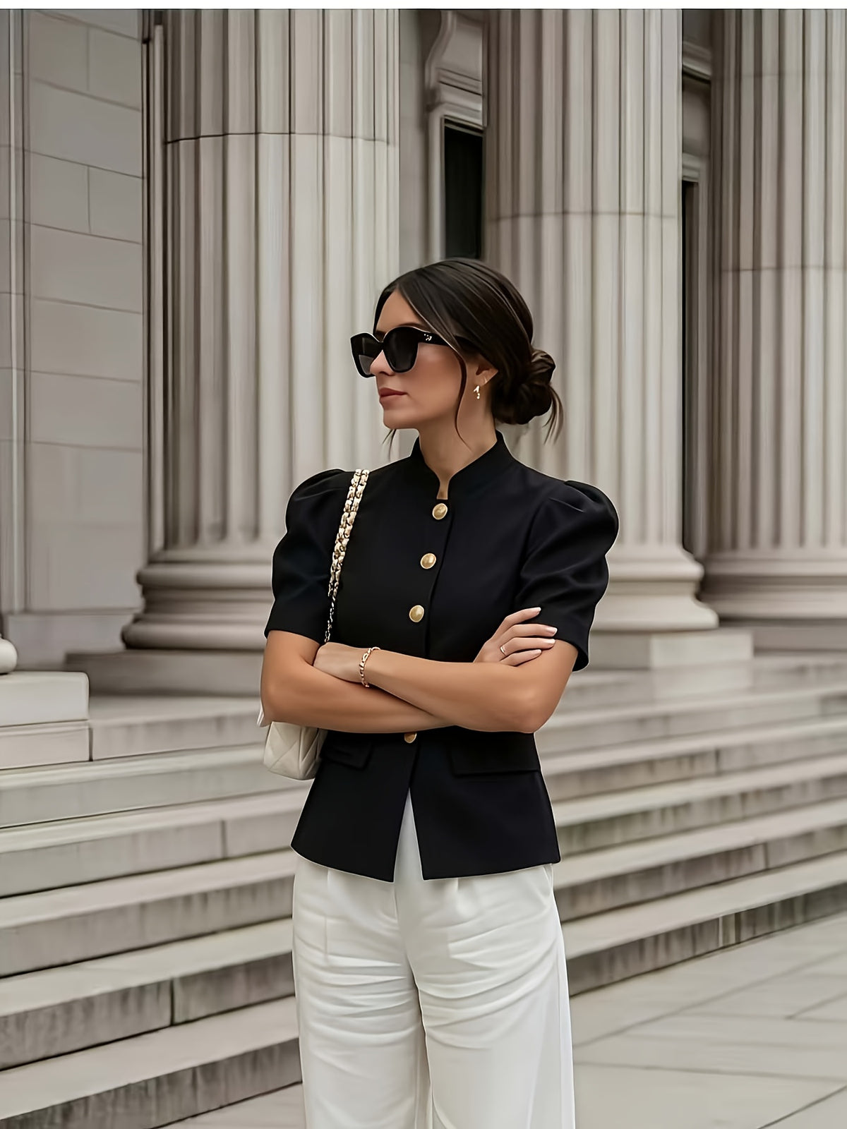Fashionable and Elegant Women's Solid-color Stand-up Collar Princess-style Short-sleeve Jacket with Faux Pockets, Open Front, Single-breasted, and Casual Suit Jacket, Suitable for Commuting, Vacation, Business, and Daily Casual Wear - Black