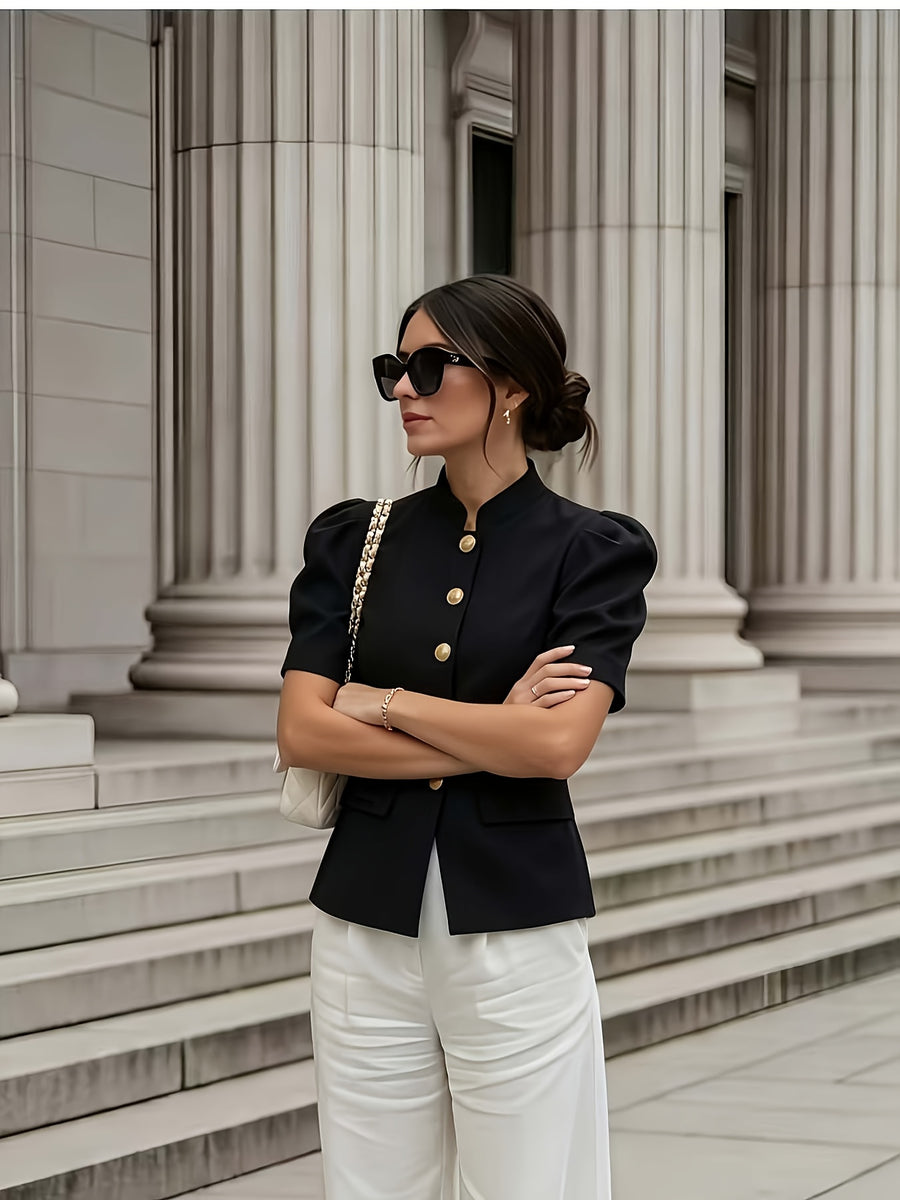 Fashionable and Elegant Women's Solid-color Stand-up Collar Princess-style Short-sleeve Jacket with Faux Pockets, Open Front, Single-breasted, and Casual Suit Jacket, Suitable for Commuting, Vacation, Business, and Daily Casual Wear - Black