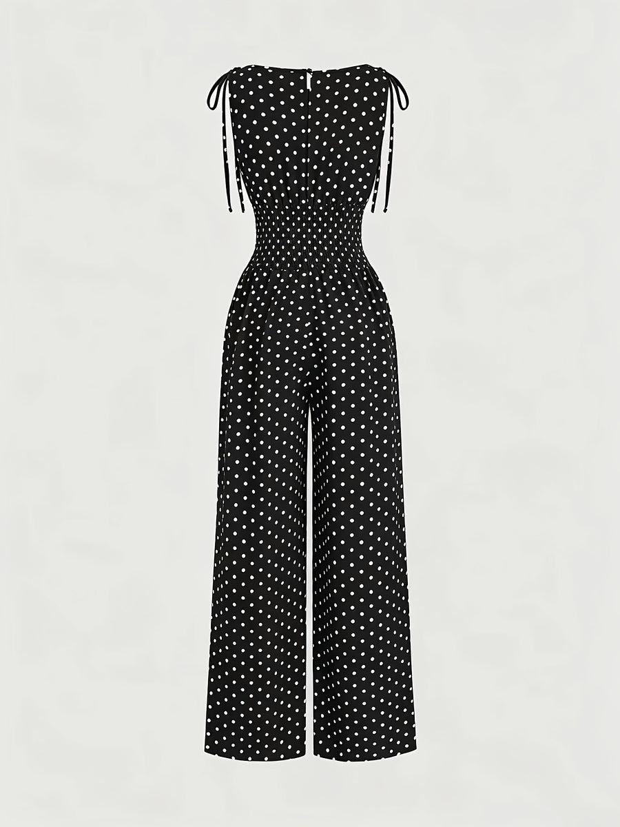 Women'S New Retro Polka Dot Print Jumpsuit, Shoulder Bow Tie Detail, Round Neck Sleeveless Back Slit Button Design, Elastic Ruched Waist, Summer Casual Beach Vacation Outfit, Elegant Commute, Date Outing Daily Wear Long Length Wide Leg Trousers - Black
