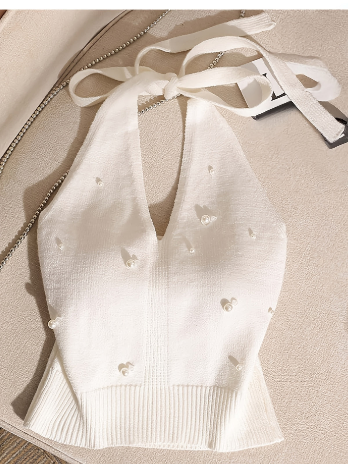 French-style Beaded Exquisite Halter Neck Camisole Vest, Trendy Babydoll Style, Elegant Backless Off-the-shoulder Top, Novel Creative Short Knitwear for Outerwear - French-style elegant and sweet beaded fashionable slim-fit backless halterneck knit sweater (white)