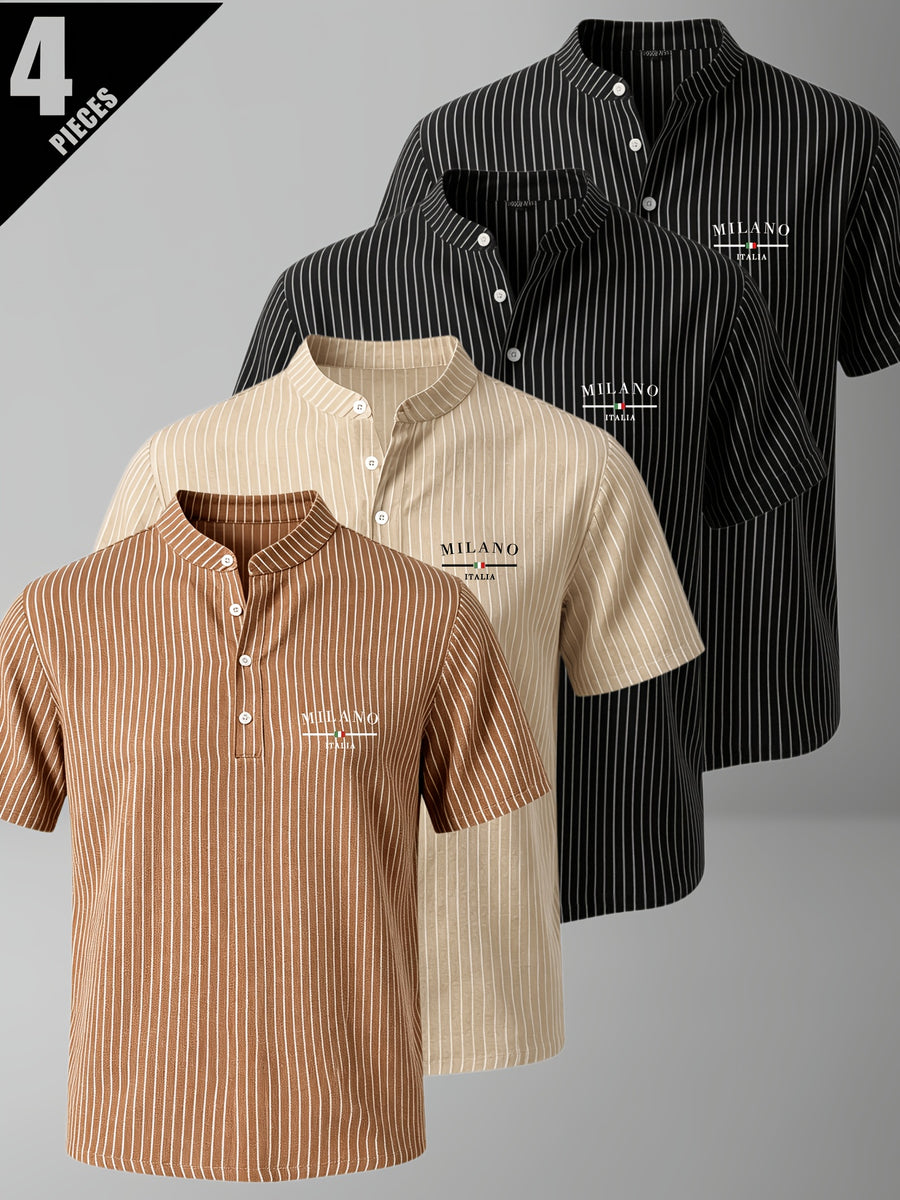 4pcs Men'S Summer Striped Linen Blend Henley Shirts, Milan Print Stand Collar Breathable Short Sleeve, Office Casual Versatile Top - Mixed Color 18