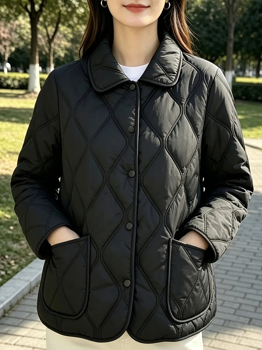 Spring/Autumn Women's Outerwear, Doll Collar Rhombus Quilted Padded Coat, New Year Outfit and Year-End Style, Versatile Top for Daily Commuting and Dates, High-Quality Women's Clothing, Elegant and Chic Loose Fit Padded Coat, Popular Top - Black