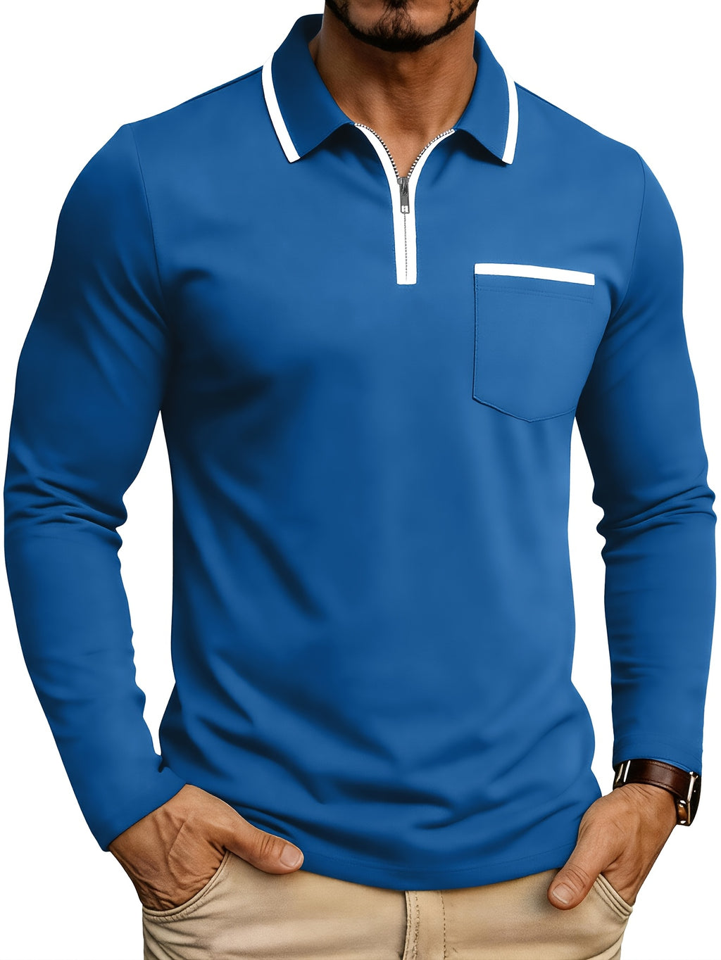 Autumn Cross-Border American Men'S Long Sleeve Polo Shirt Men'S Base Layer Contrast Top - Lake Blue