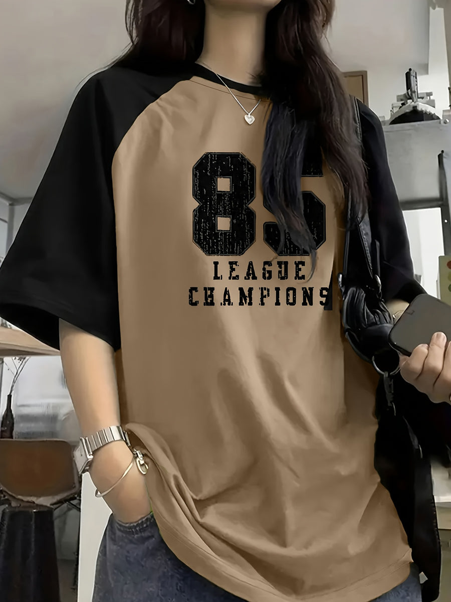 Women'S Contrast Shoulder Letter Print Short Sleeve T-Shirt Summer Design Comfortable Breathable Casual Versatile Women'S Top - Khaki