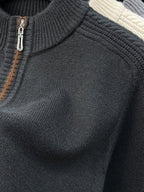 Men'S Thickened Semi-Open Zipper Stand Collar Knit Sweater, Ribbed Cuffs And Hem, Autumn/Winter Style, Single Wear And Layering, Light Mature Business Casual Style - Gray Green