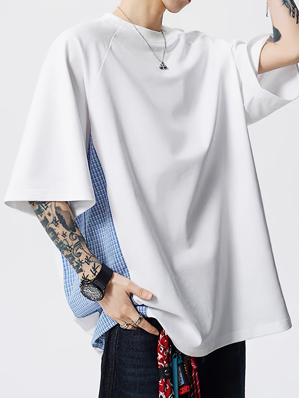 Men's Casual Sport T-Shirt, Trendy Brand Plaid Patchwork Crew Neck T-Shirt, Men's Summer American-Style Designer Casual Top, High Street Versatile Sport Short Sleeve - White