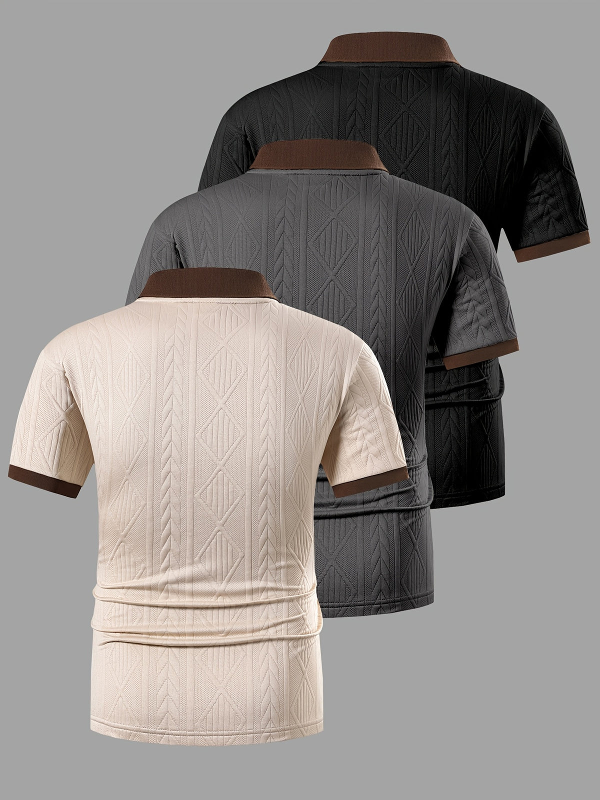 A Set of Three Stylish Men'S Jacquard Polo Shirts, Perfect for Spring, Autumn, And Summer. Made from Jacquard Fabric, They Are Comfortable, Skin-Friendly - Apricot, gray, and black