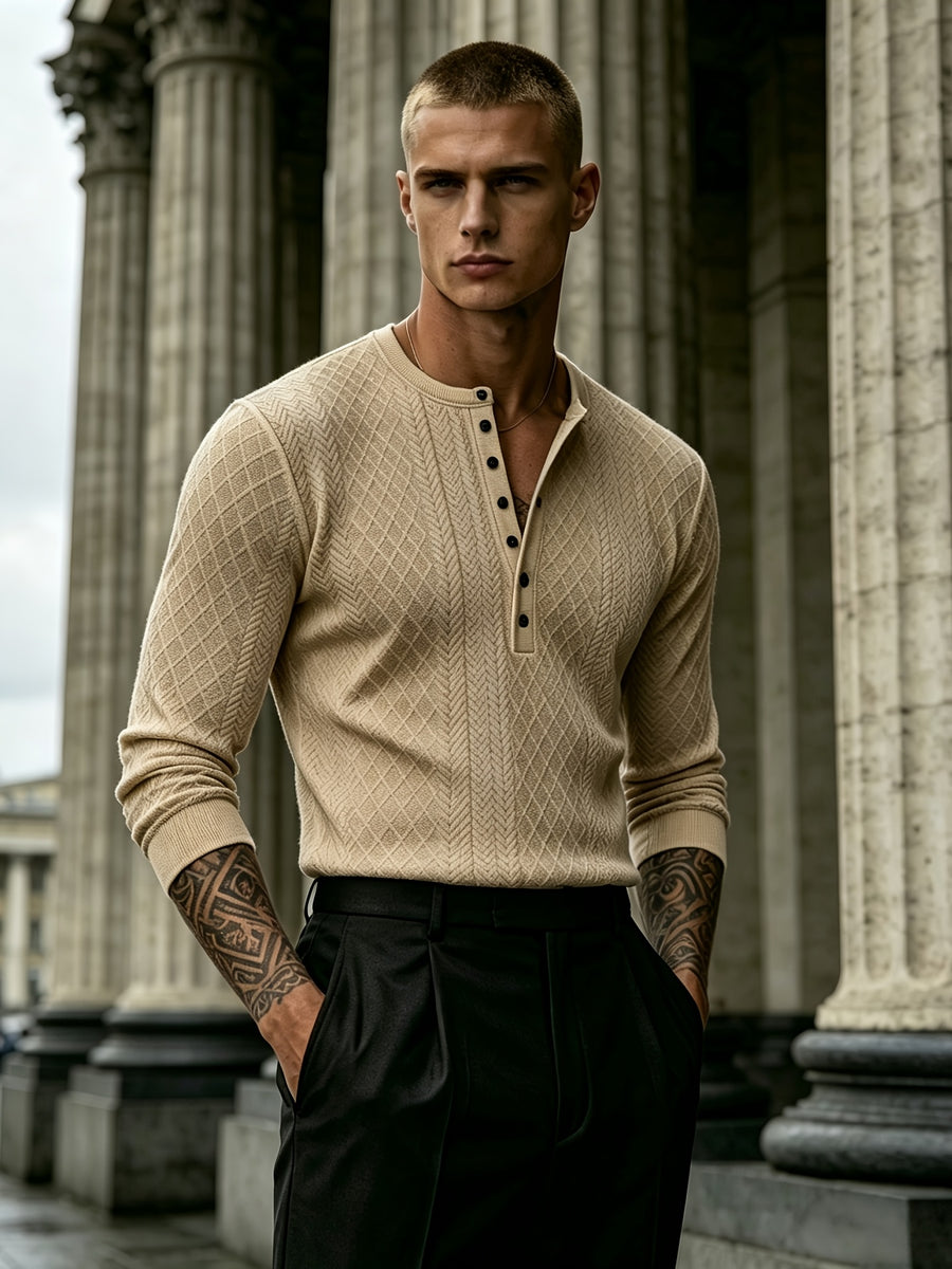 Joshmei OBM Black Friday Men's Dark Gray Geometric Knit Henley Neck Top, Diamond Weave Jacquard Pattern, Refined Casual Style, Autumn/Winter Slim Fit Long Sleeve Pullover, Suitable for Daily Commuting, Streetwear, and Weekend Gatherings - Khaki