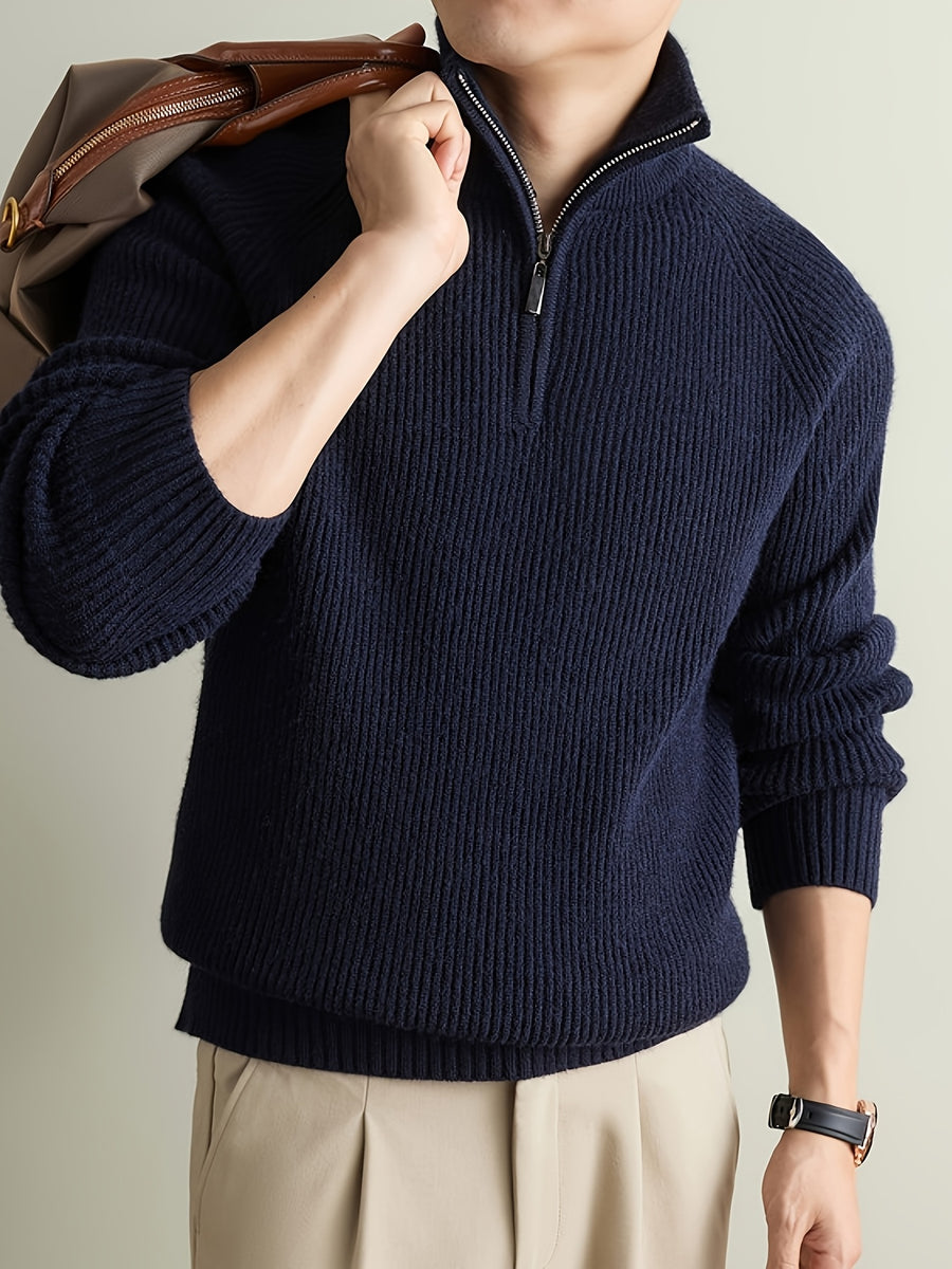 Men's Solid Gray Half-Zip Sweater with Stand Collar & Raglan Sleeves - Warm Winter Knit Pullover, Loose Fit Vertical Rib Texture Suitable for Casual and Light Business Wear, Machine Washable Fall/Winter Sweater - Navy Color