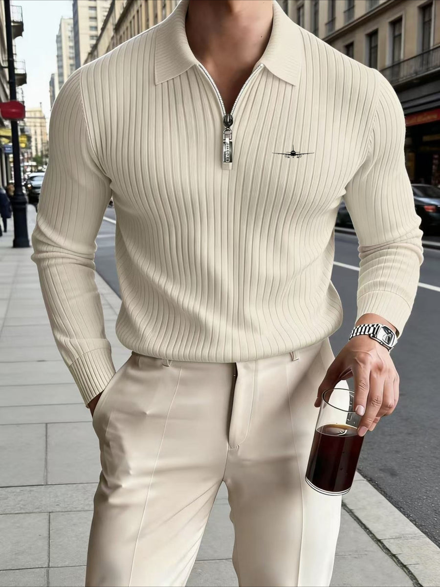 Men's Autumn/Winter Outdoor Sports Long-Sleeve Polo Shirt, Casual Half-Zip Printed Lapel Shirt - Khaki