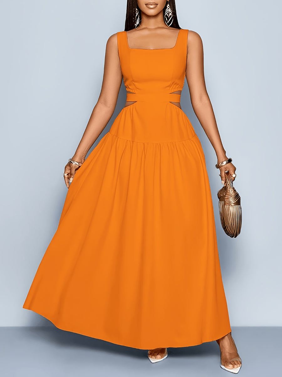 Women'S Elegant Square Neckline, Openwork Waist, Tie And Suspender Dress; Hawaiian Pleated Backless A-Line Skirt; Women'S Spring/Summer Dress; Elegant for Commuting, Casual Wear, Romantic Dates, Bridesmaid Dress - Coral