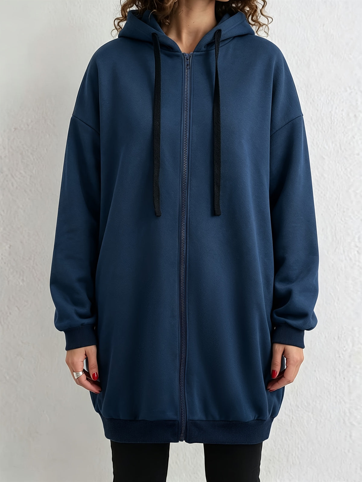 Plus Size, Plus-size Women's Jacket, Fashionable Casual Hooded Pocket Zip-up Sweatshirt Jacket for Outdoor Streetwear and Daily Wear, Warm Regular Fit, for Autumn and Winter - Navy Color