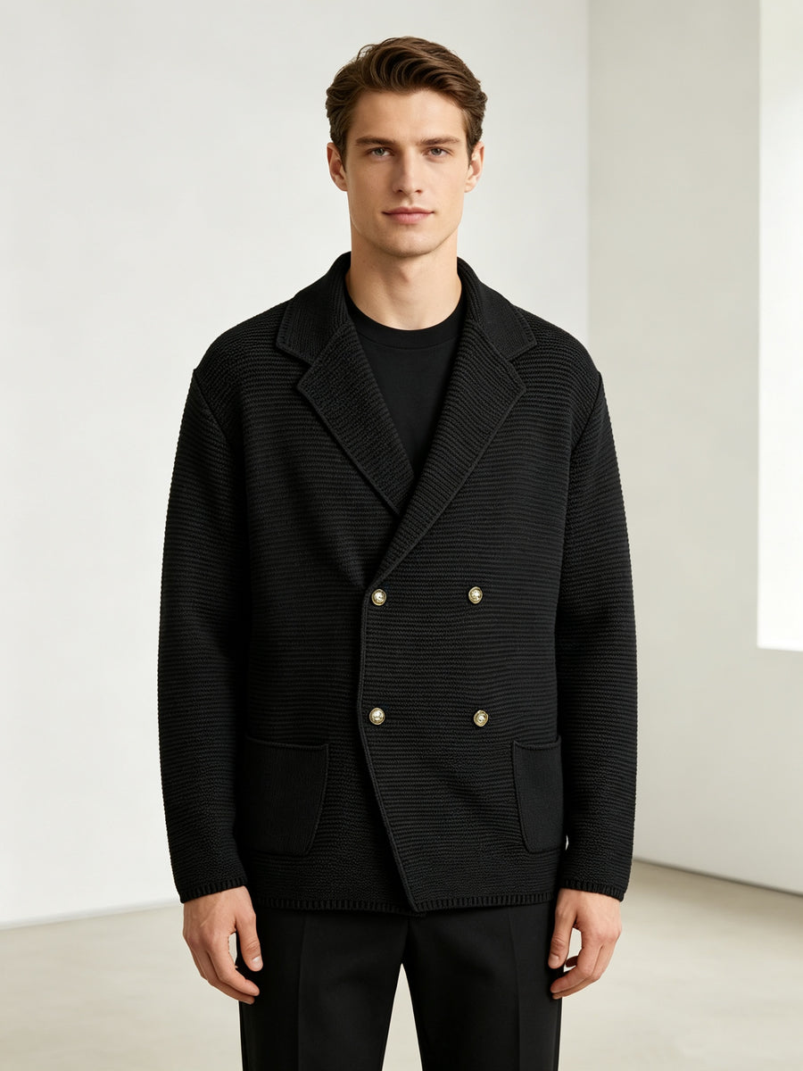 Men's New Autumn/Winter Double-Breasted Knit Jacket, Loose Fit Casual Suit-Style Top with Lapel. European/American Style Men's Notched Lapel Knit Cardigan with Double-Breasted Design, Versatile Outerwear for Spring/Autumn, Suitable for Both Commuting - Black