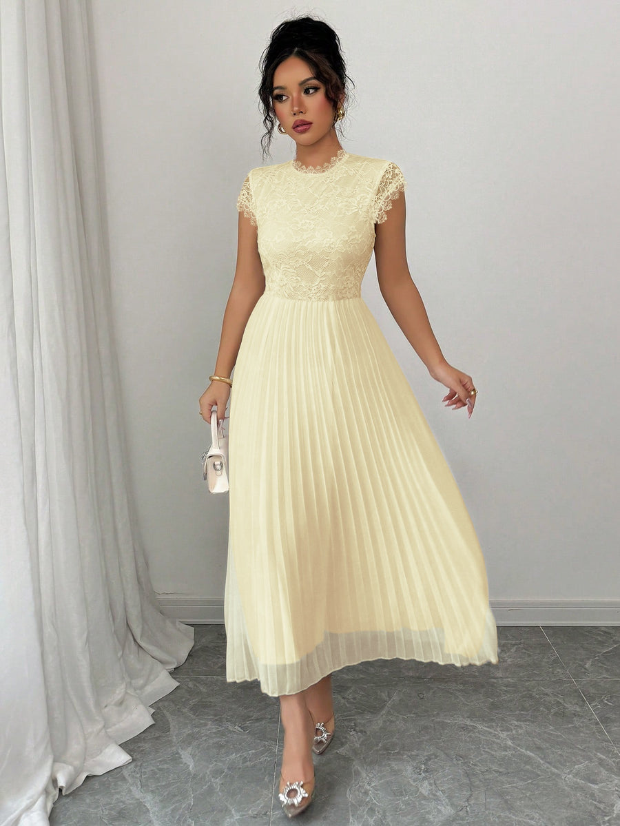 Women'S Elegant Summer Floral Lace Patchwork Pleated Maxi Dress - Champagne