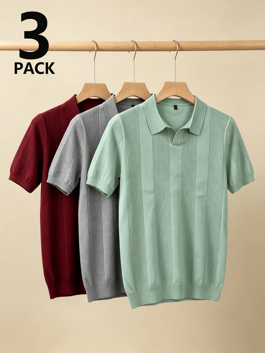Men 3pcs Vertical Textured Knit Polo Shirts, Slim Fit Notch Collar Short Sleeve Knitwear, Lightweight Comfort Shirts for Office Vacation Daily Wear - Light Green-Gray-Red