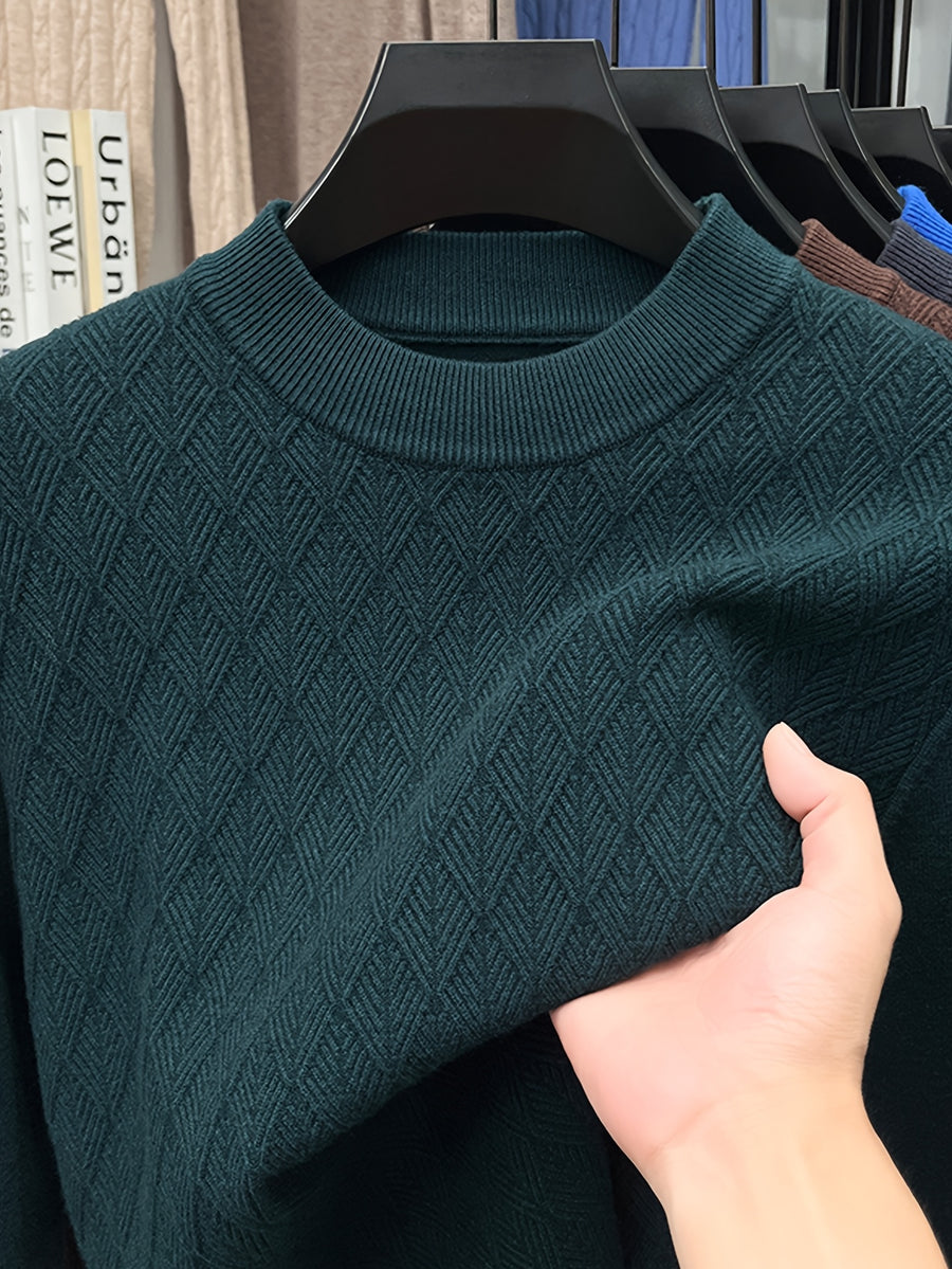 Autumn/Winter Men's Slim Fit Half-Turtleneck Diamond Pattern Solid Color Knit Pullover Base Layer, Simple and Warm - Dark Green