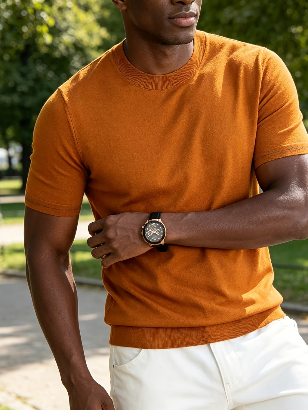 Men'S Easy Business Casual Round Neck Knit Short Sleeve T-Shirt, Skin-Friendly Fresh Regular Fit Durable, Summer Commute Office Client Meeting Family Gathering Short Distance Travel Shopping Date Daily Top - Emma Orange