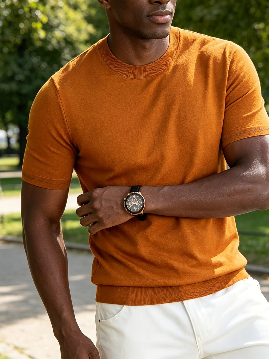 Men'S Easy Business Casual Round Neck Knit Short Sleeve T-Shirt, Skin-Friendly Fresh Regular Fit Durable, Summer Commute Office Client Meeting Family Gathering Short Distance Travel Shopping Date Daily Top - Emma Orange