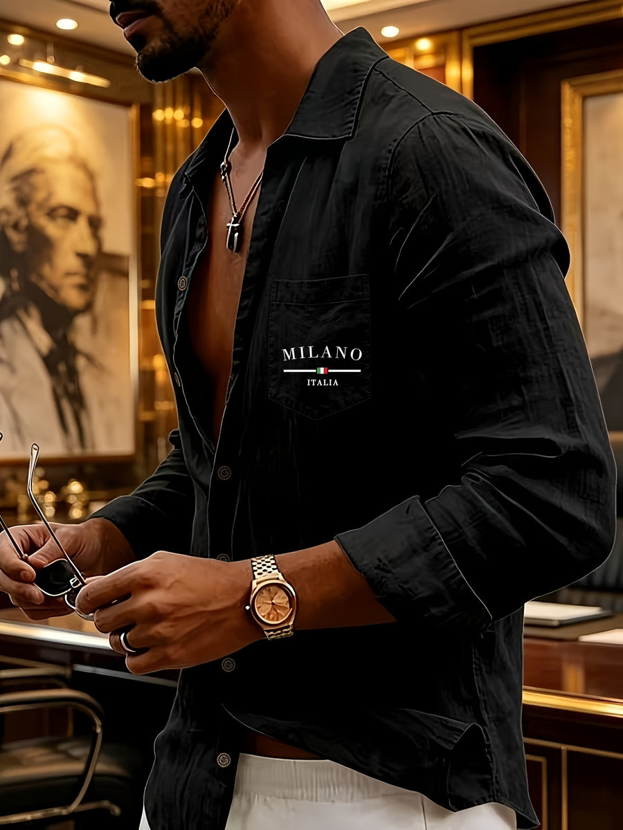 Men's Henley Shirt in Linen with Long Sleeves, Featuring Comfortable and Breathable Fabric with Trendy Printed Designs. Suitable for Daily Outings, Outdoor Sports, Travel, and Vacations. Lightweight and Breathable with a Regular Fit, Chest Pocket - Black