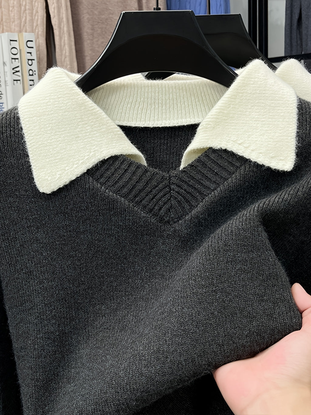 [Wading Whale OBM] 1pc Spring/Autumn New Men'S Knit Pullover Sweater, Old Money Style Color-Block Striped Faux Two-Piece Patchwork Lapel Long Sleeve Knit Pullover for Men, Business Casual Fashion Striped Sweater, Suitable for Spring, Autumn - Dark Gray