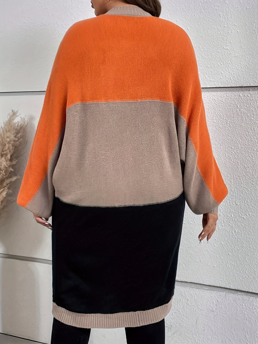 Plus Size, Plus Size Color Block Batwing Sleeve Open Front Cardigan Without Halter Neck Top - Orange-Red