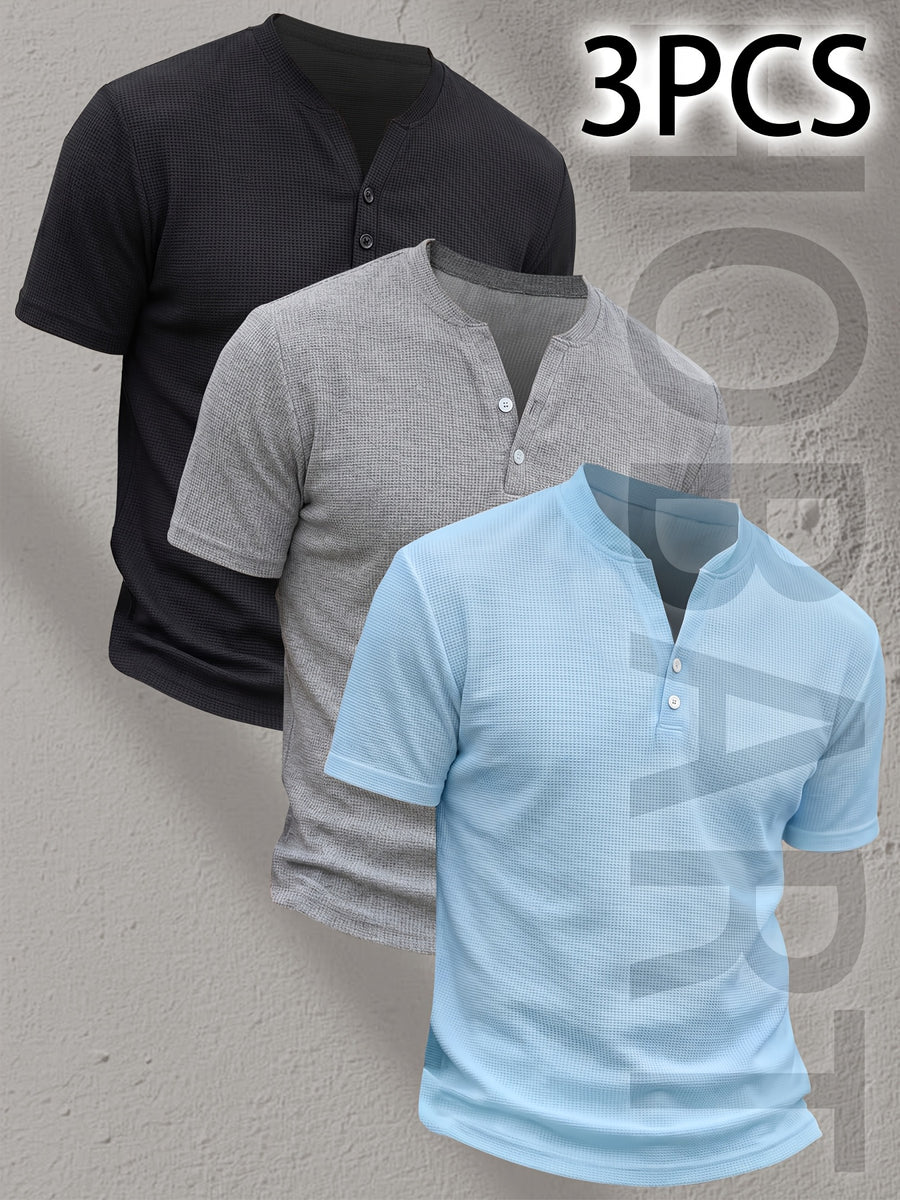 3pcs Men'S Henley Short Sleeve T-Shirts - Breathable Waffle Knit Summer Casual Tees with Button Front, Solid Color Round Neck, Machine Washable for Outdoor & Casual Wear, Stylish Button Detail, Lightweight Fabric, Easycare Material - Type 4