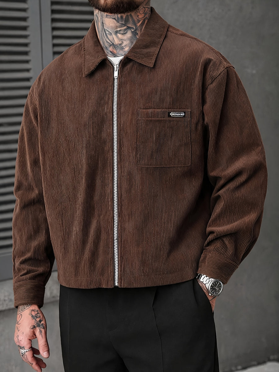 Men's Long-Sleeve Corduroy Shirt with Pocket and Woven Label, Zippered Cropped Shirt, Trendy, Simple, and Stylish Men's Casual Shirt - Coffee Color
