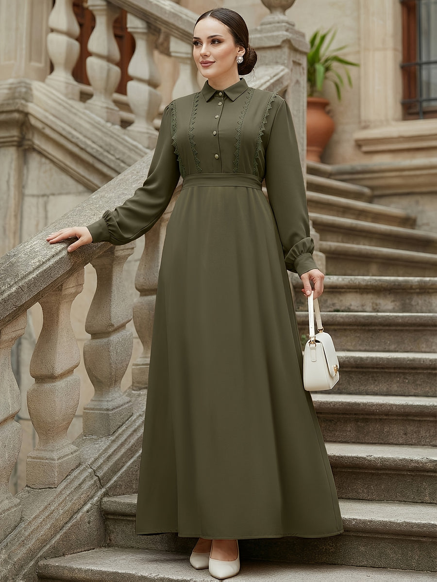 Middle Eastern Muslim Women's Elegant Solid Color Lapel Lace Patchwork Front Button Tie-Up A-Line Abaya Robe - Olive Green