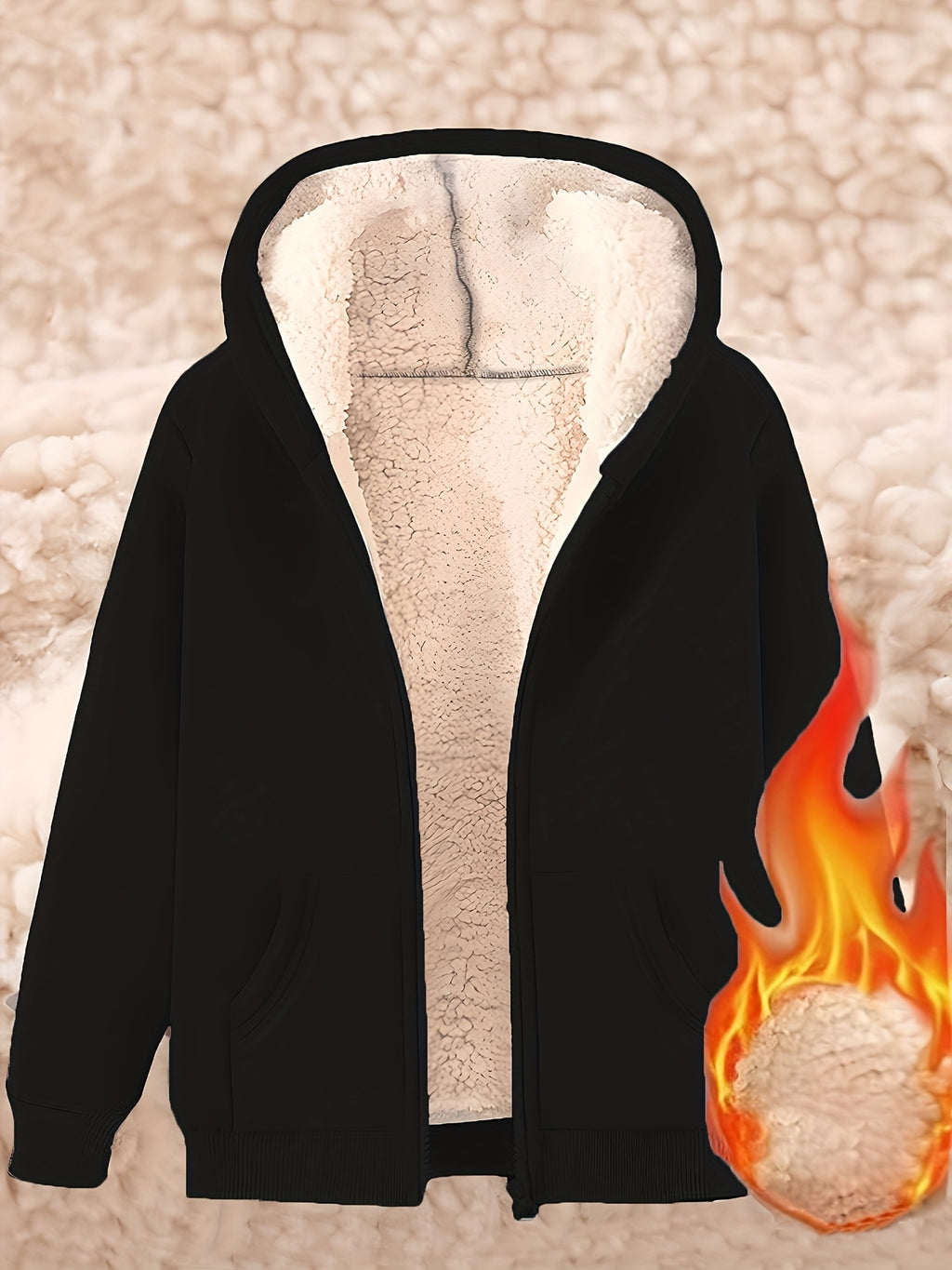 [Autumn Winter] Women'S Autumn Winter New Casual Warm Winter Fleece Hooded Sweatshirt Jacket - Black