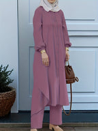 Eid | Elegant Front Button Autumn-Winter 2pcs Jilbab Set | Plain Front Button Abaya Women Modest + Loose Wide Leg Pants | Banquet, Date, Urban Commute - Fuchsia
