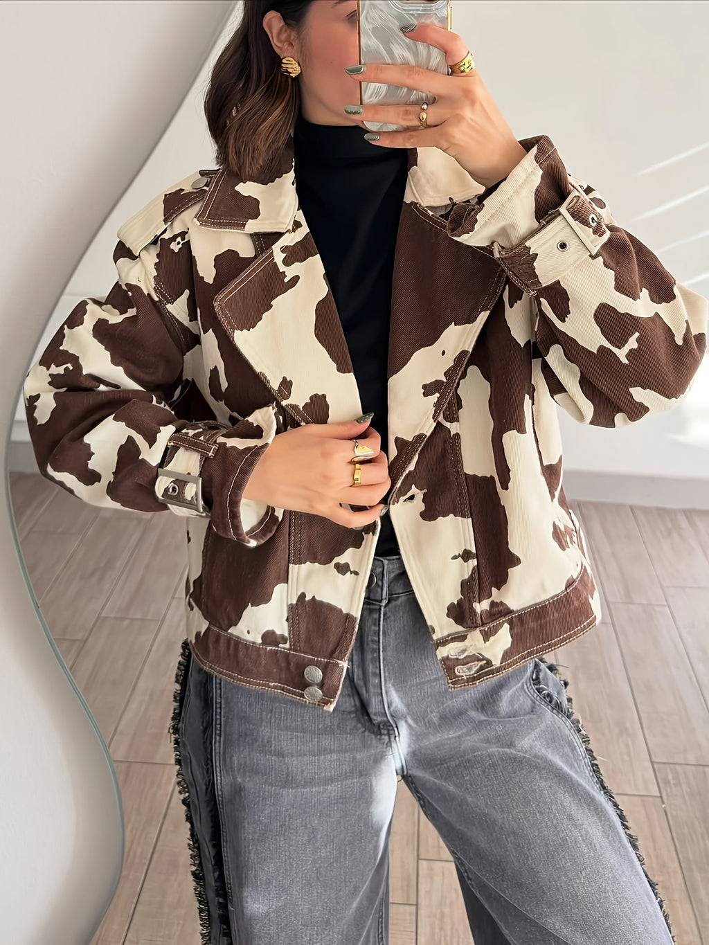 Spring and Autumn Women's Casual Jacket Workwear Outerwear Loose Fit Motorcycle Jacket - Dark Brown