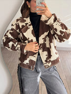 Spring and Autumn Women's Casual Jacket Workwear Outerwear Loose Fit Motorcycle Jacket - Dark Brown